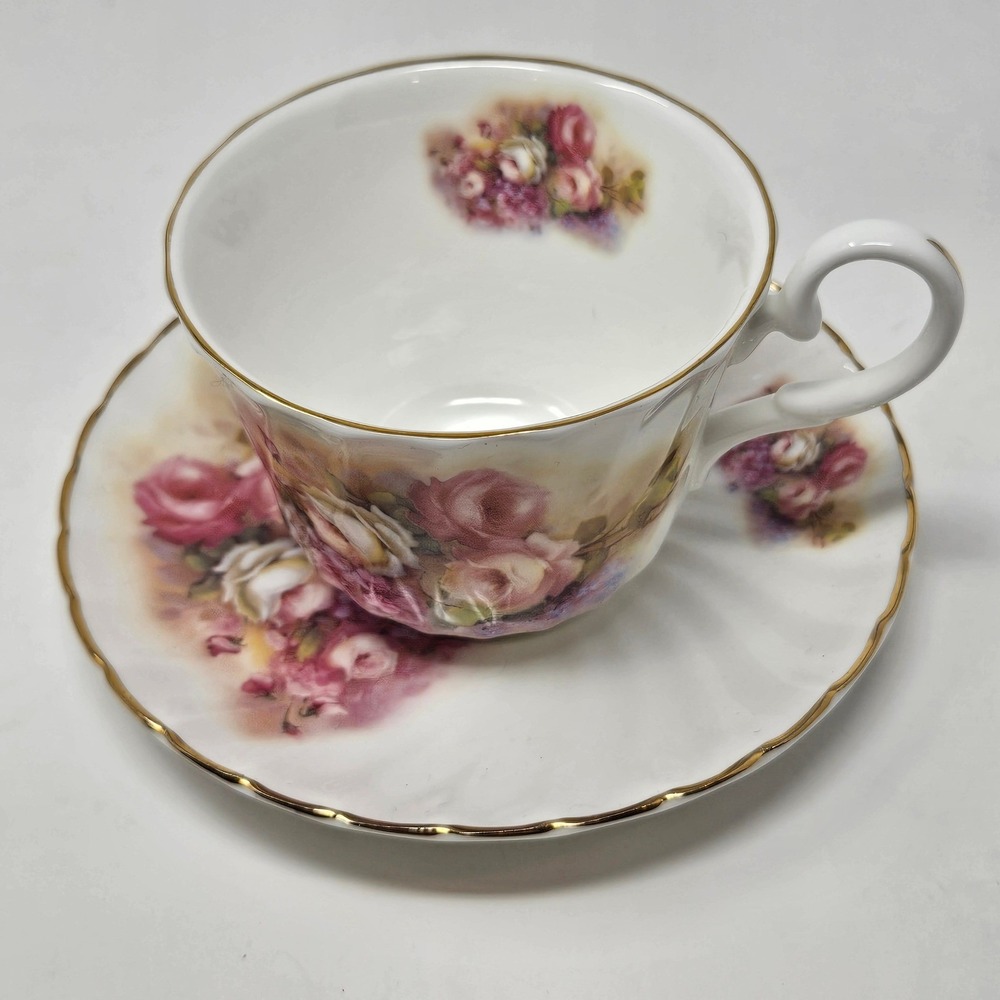 Vintage Argyle Bone China Tea Cup Saucer Pink Rose Floral Gold Gilt England